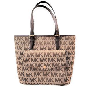 MICHAEL KORS JET SET MK Signature Brown Jacquard Shoulder Bag Tote Pocket Canvas